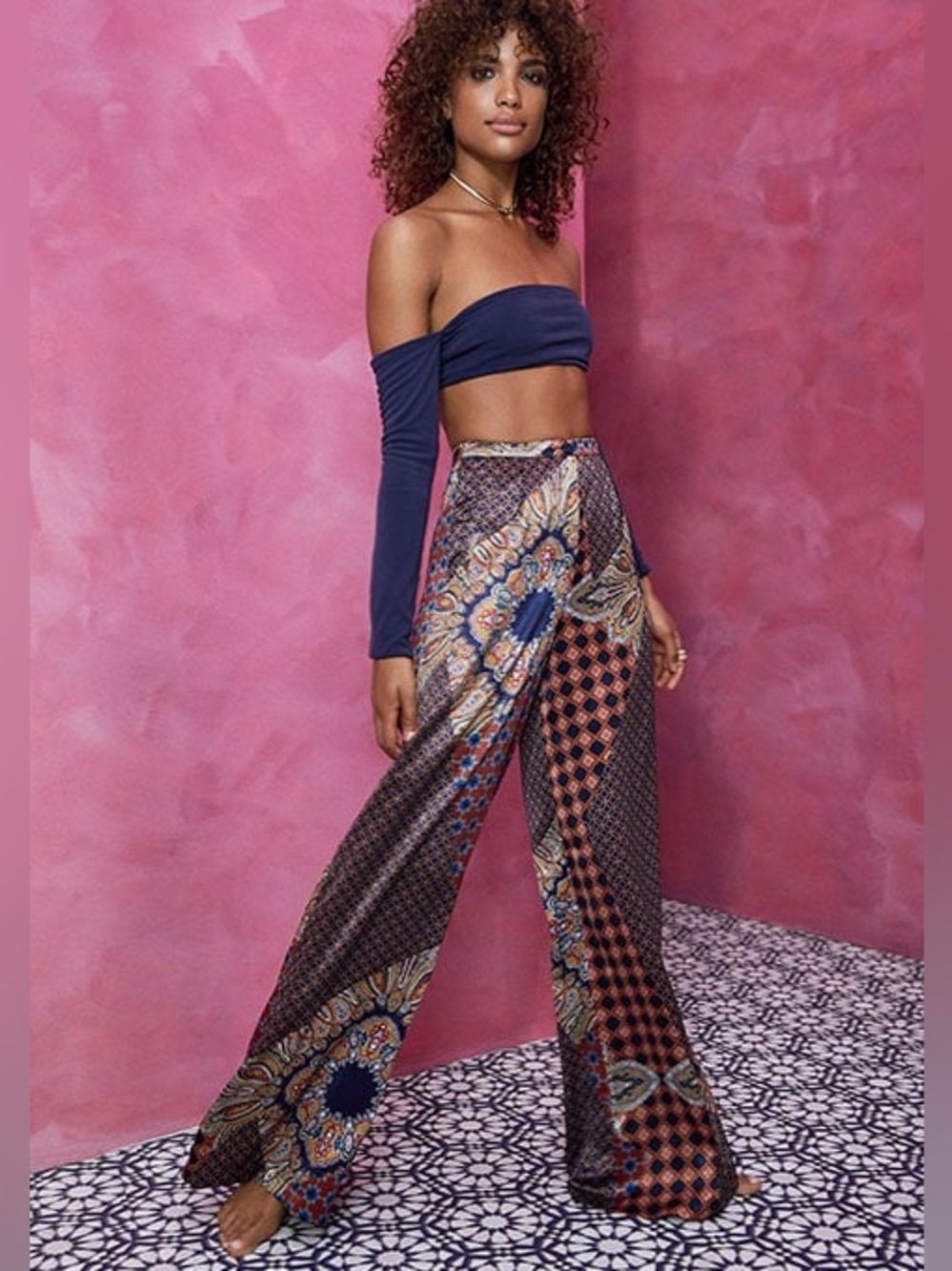 House of Harlow 1960 X Revolve Patchwork Wide Leg Satin High Rise Trousers Small